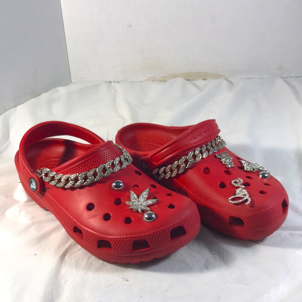Crocs Red Bling Out Rhinestone Accent Pieces unisex Slip On Clog Mules Shoes